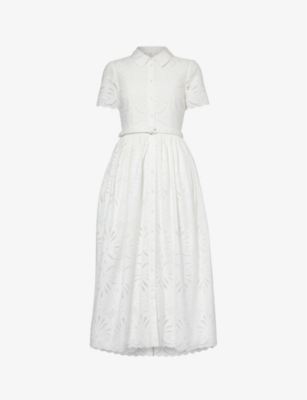 Self-portrait Womens White Broderie-anglaise Belted-waist Cotton Midi Dress