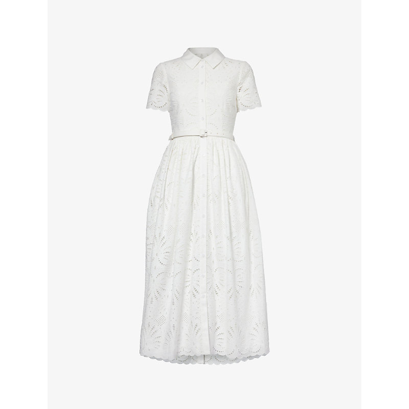 Self-portrait Womens White Broderie-anglaise Belted-waist Cotton Midi Dress