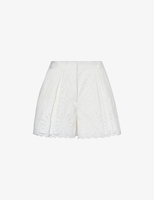SELF-PORTRAIT: Broderie-anglaise pleated cotton shorts