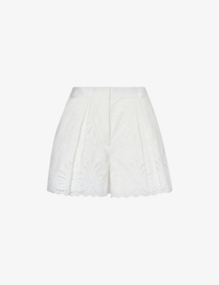 Self-portrait Womens White Broderie-anglaise Pleated Cotton Shorts