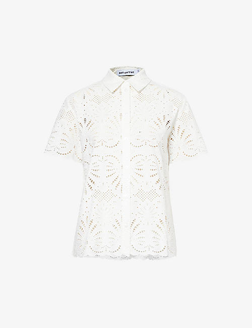 SELF-PORTRAIT: Short-sleeved broderie-anglaise cotton shirt