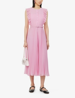 Shop Self-portrait Ruffle-trim Belted Woven Midi Dress In Pink