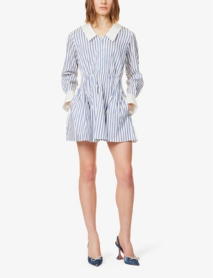 Shop Self-portrait Women's Blue Striped Contrast-collar Stretch-woven Mini Dress