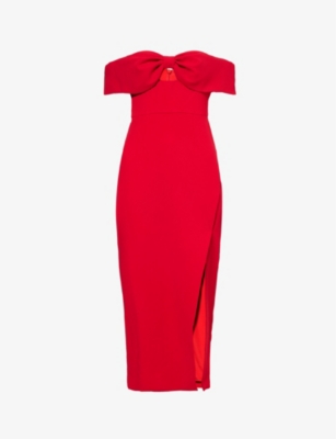 SELF-PORTRAIT: Bow-embellished split-hem crepe midi dress