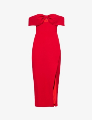 Self-portrait Womens Red Bow-embellished Split-hem Crepe Midi Dress