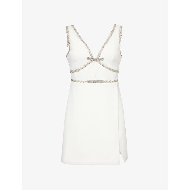 Shop Self-portrait Crystal-embellished V-neck Woven Mini Dress In White