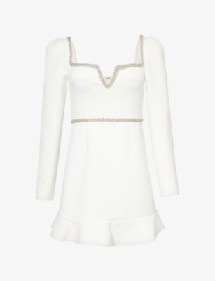 Shop Self-portrait Women's White Long-sleeved Crystal-embellished Crepe Mini Dress