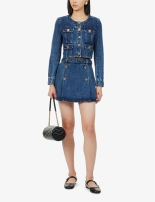 Shop Self-portrait Women's Mid Blue Slim-fit Button-embellished Denim Mini Skirt