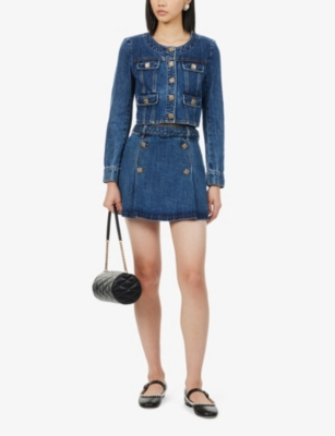 Self-portrait Womens Mid Blue Slim-fit Button-embellished Denim Mini Skirt In Mid Blue