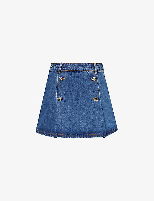 SELF PORTRAIT: Slim-fit button-embellished denim mini skirt