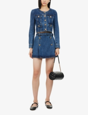Shop Self-portrait Women's Mid Blue Padded-shoulder Cropped Denim Jacket