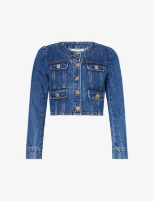 SELF PORTRAIT: Padded-shoulder cropped denim jacket