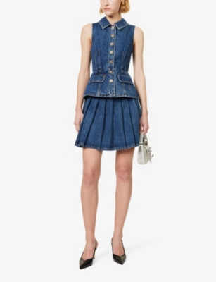 Shop Self-portrait Tail Pleated Denim Mini Dress In Mid Blue