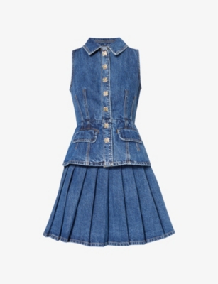 SELF-PORTRAIT: Tail pleated denim mini dress