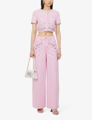 Shop Self-portrait Womens Pink Crystal-embellished Cropped Denim Top