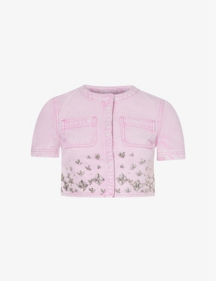 Shop Self-portrait Crystal-embellished Cropped Denim Top In Pink