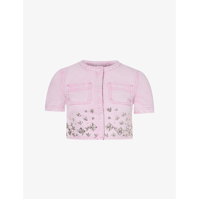 Shop Self-portrait Crystal-embellished Cropped Denim Top In Pink