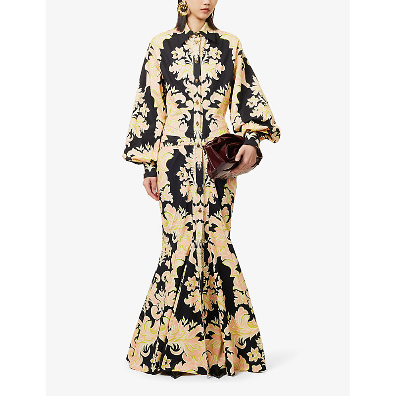 Shop Etro Gown Floral-print Stretch-cotton Maxi Dress In Print On Black Base