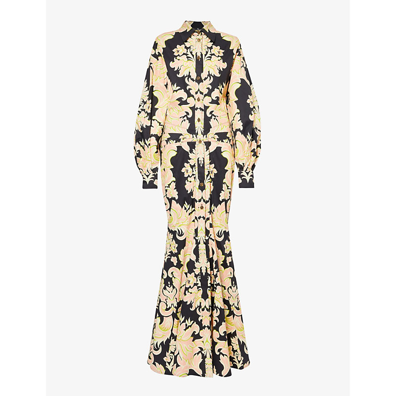 Shop Etro Gown Floral-print Stretch-cotton Maxi Dress In Print On Black Base