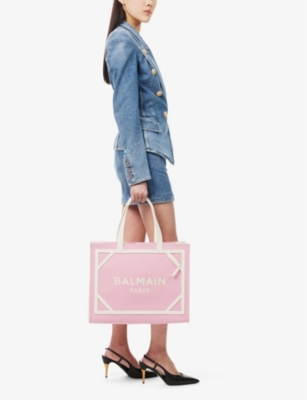 Shop Balmain B-army Medium Cotton Tote Bag In Rose/creme
