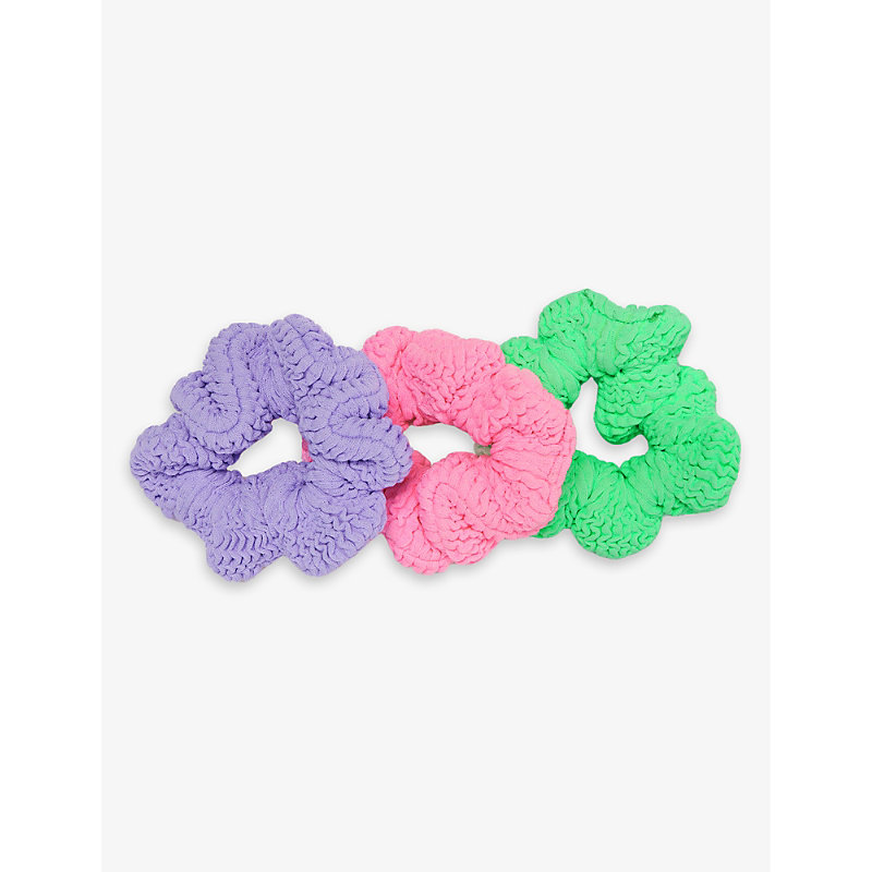 Shop Hunza G Girls Bubblegum/lime/lilac Kids Ruched Seersucker Scrunchies Pack Of Three