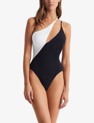 Shop Reiss Women's Black/white Leighton Colourblock Stretch Cotton-blend Swimsuit