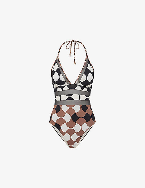 REISS: Hope geometric-print stretch cotton-blend swimsuit