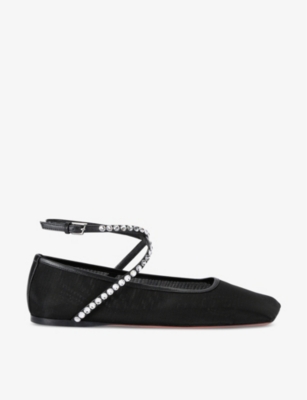 Amina Muaddi Ane Crystal-embellished Mesh Ballerina Shoes In Blk/white