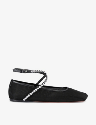 Shop Amina Muaddi Womens Ane Crystal-embellished Mesh Ballet Flats Blk/whit In Blk/white