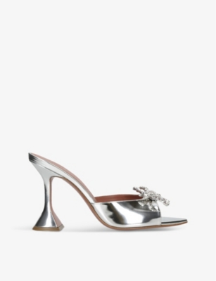 Shop Amina Muaddi Women's Silver Rosie Crystal-embellished Metallic-leather Heeled Mules