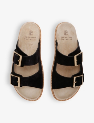 Shop Brunello Cucinelli Men's Black/comb Two-strap Leather Sandals
