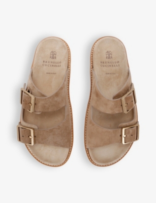 Brunello Cucinelli Men's Beige Suede Leather Sandals With Decorative Buckle Detail In Beige Comb