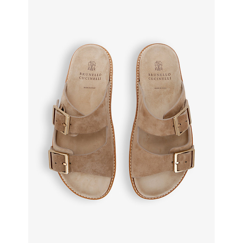 Shop Brunello Cucinelli Two-strap Suede Sandals In Beige Comb