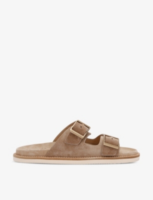 Brunello Cucinelli Men's Beige Suede Leather Sandals With Decorative Buckle Detail In Beige Comb