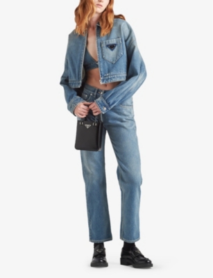 Shop Prada Womens Blue Cropped Logo-plaque Denim Jacket