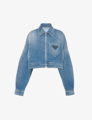 Shop Prada Cropped Logo-plaque Denim Jacket In Blue