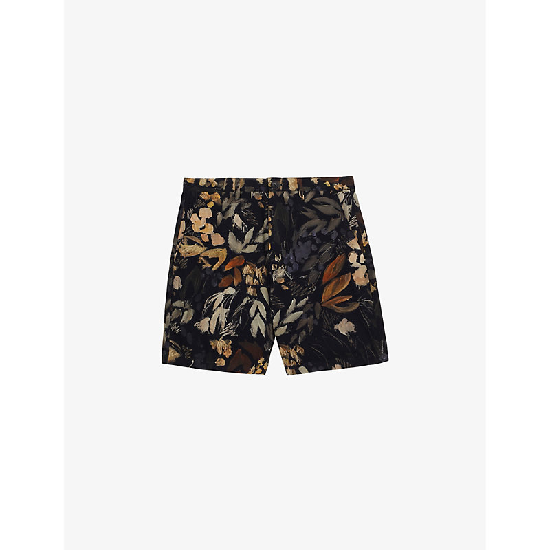 Shop Ted Baker Men's Black Emilios Floral-print Slim-fit Cotton Shorts
