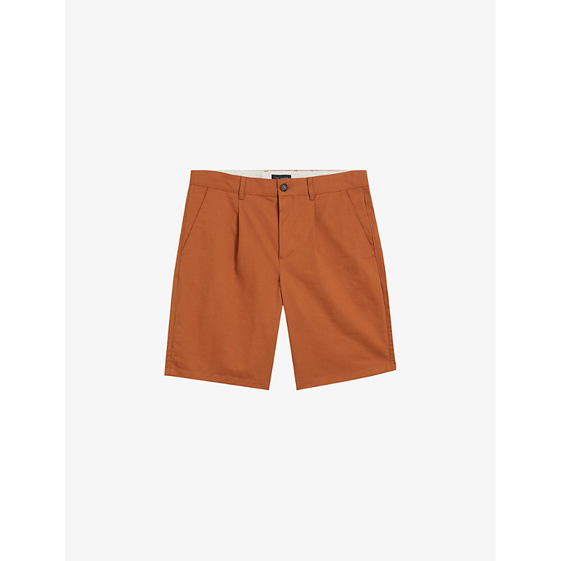 Shop Ted Baker Men's Brown Fulhum Front-pleat Regular-fit Cotton Shorts