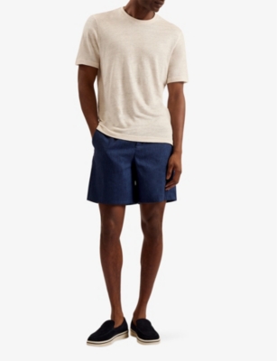 Shop Ted Baker Men's Navy Brixtun Elasticated-waistband Linen-blend Shorts