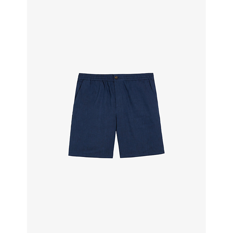 Ted Baker Mens Navy Brixtun Elasticated-waistband Linen-blend Shorts