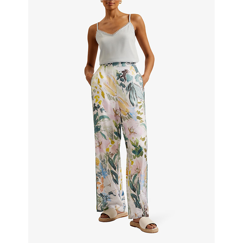 Shop Ted Baker Sarca Floral-print Wide-leg Woven Trousers In Ivory