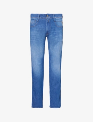 Shop Replay Men's Medium Blue Anbass Xlite Tapered-leg Mid-rise Stretch-denim Blend Jeans