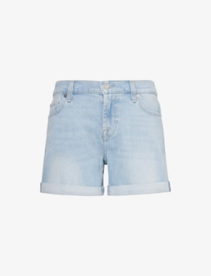 Shop 7 For All Mankind Women's Light Blue Folded-cuff Mid-rise Stretch-denim Shorts