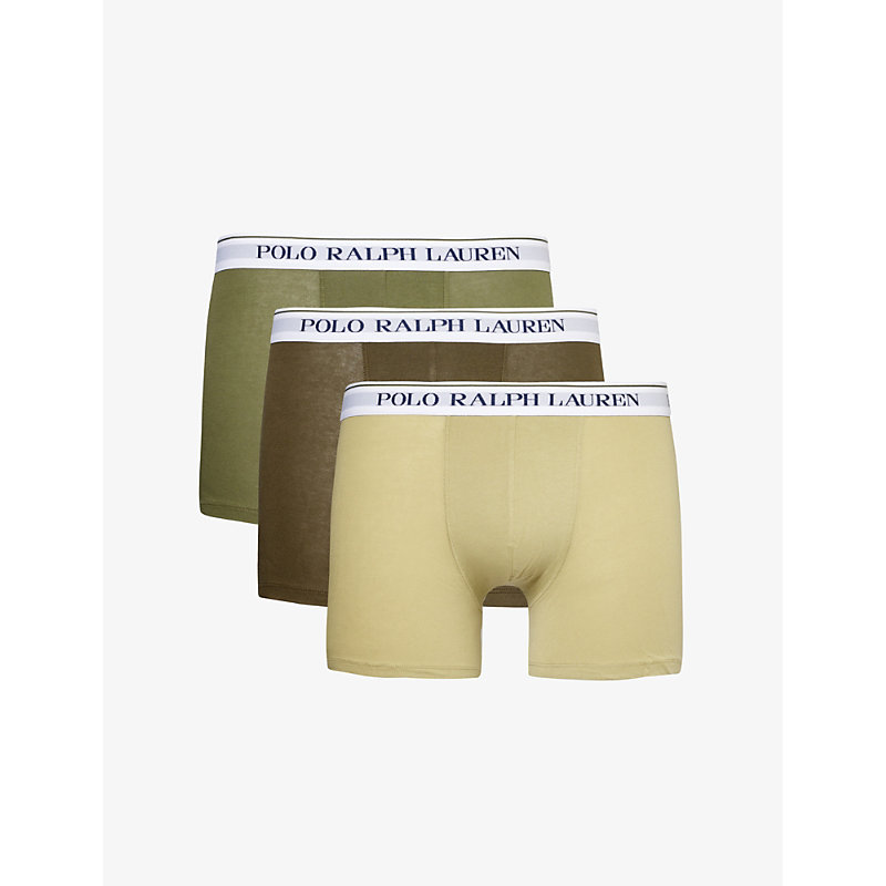 Polo Ralph Lauren Mens Multi Logo-waistband Pack Of Three Stretch-cotton Boxer Briefs In Green