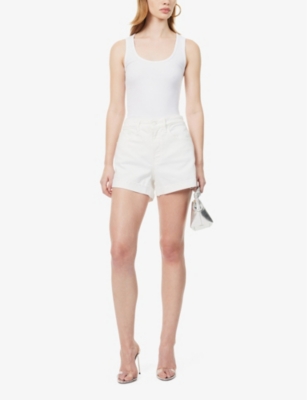 Shop Good American Women's White001 Good Girlfriend Mid-rise Stretch-denim Shorts