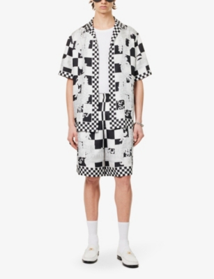 Shop Versace Men's Black+white+silver Contrast Medusa Check-pattern Silk Shorts