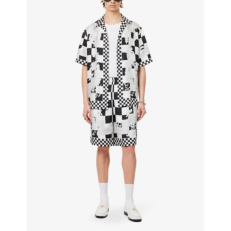Shop Versace Mens Black+white+silver Contrast Medusa Check-pattern Silk Shorts