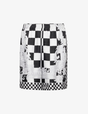 Versace Black And White Shorts With Baroque Print In Techno Fabric Man In Black+white+silver