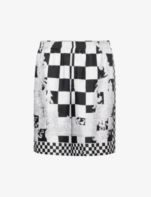 Shop Versace Men's Black+white+silver Contrast Medusa Check-pattern Silk Shorts