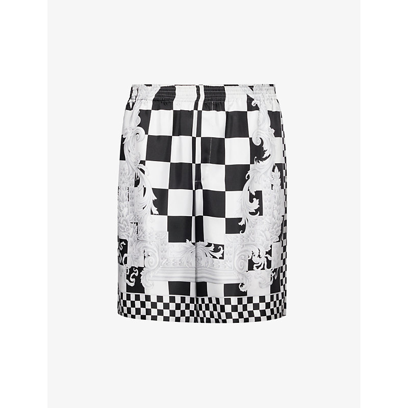 Shop Versace Contrast Medusa Check-pattern Silk Shorts In Black+white+silver